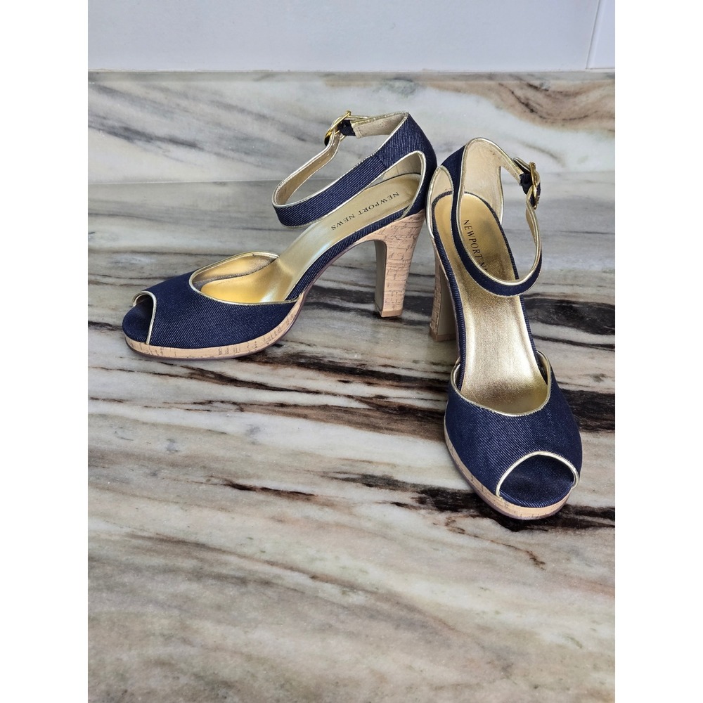 Newport News Denim Cork Platform Peep Toe Heels Dark Wash Gold 10